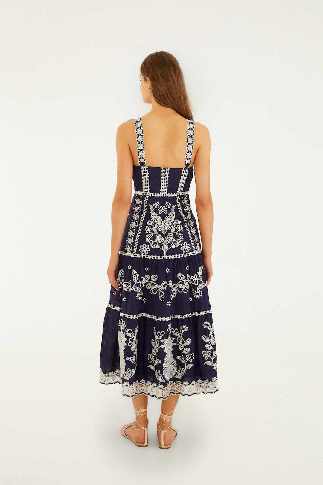 FARM Rio Shop Blue Richelieu Embroidered Organic Cotton Midi Dress