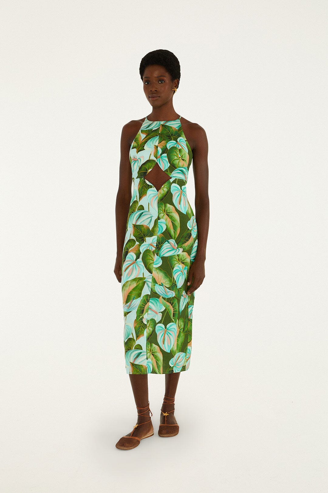 FARM Rio Shop Green Anthurium Leaves Cut-Out Euroflax Premium Linen Midi Dress