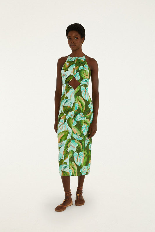 FARM Rio Shop Green Anthurium Leaves Cut-Out Euroflax Premium Linen Midi Dress