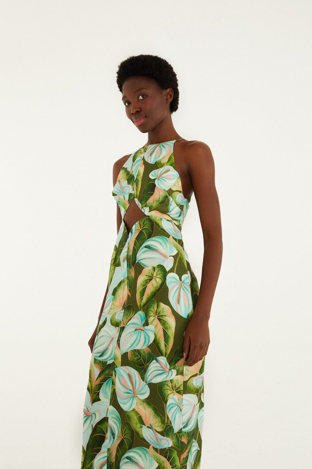 FARM Rio Shop Green Anthurium Leaves Cut-Out Euroflax Premium Linen Midi Dress