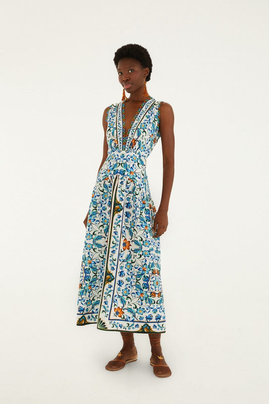 FARM Rio Shop Off-White Flora Tile Scallop Euroflax Premium Linen Maxi Dress