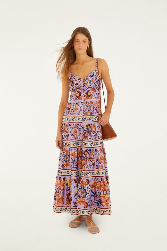 FARM Rio Shop Lilac Flower Tiles Sleeveless Tiered Maxi Dress