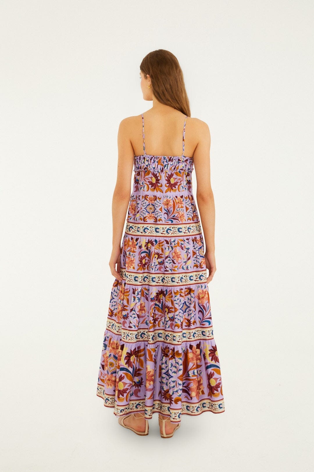 FARM Rio Shop Lilac Flower Tiles Sleeveless Tiered Maxi Dress