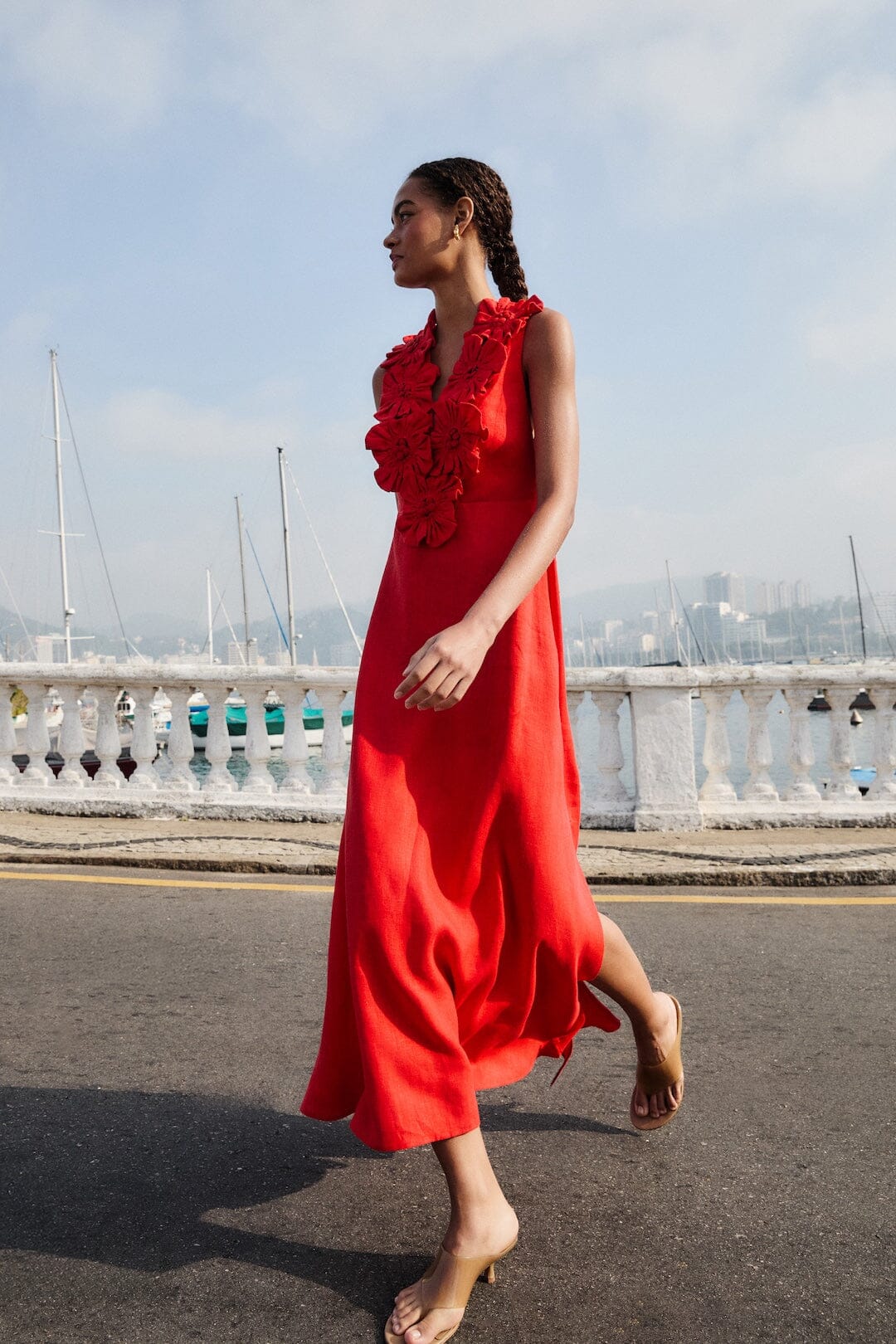 FARM Rio Shop Red 3d Flower Euroflax Premium Linen Maxi Dress