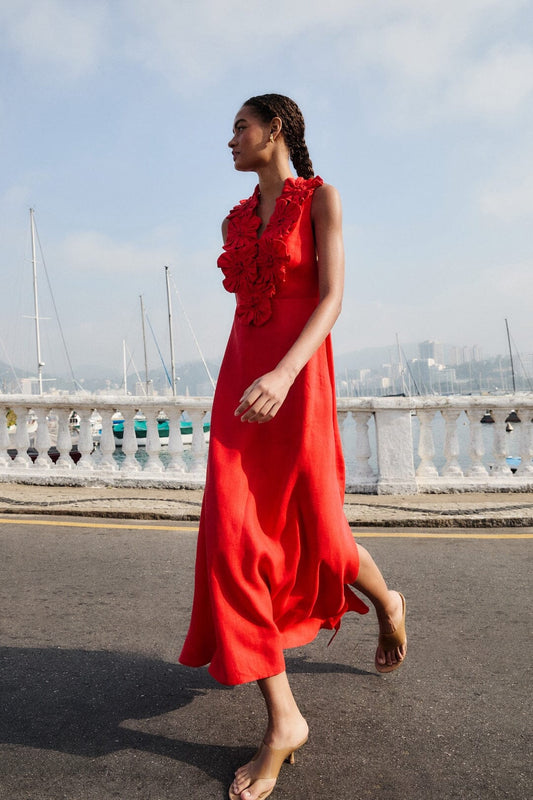 FARM Rio Shop Red 3d Flower Euroflax Premium Linen Maxi Dress