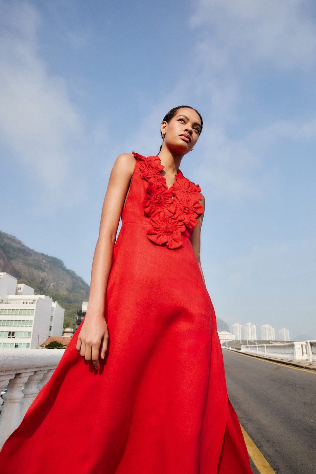 FARM Rio Shop Red 3d Flower Euroflax Premium Linen Maxi Dress