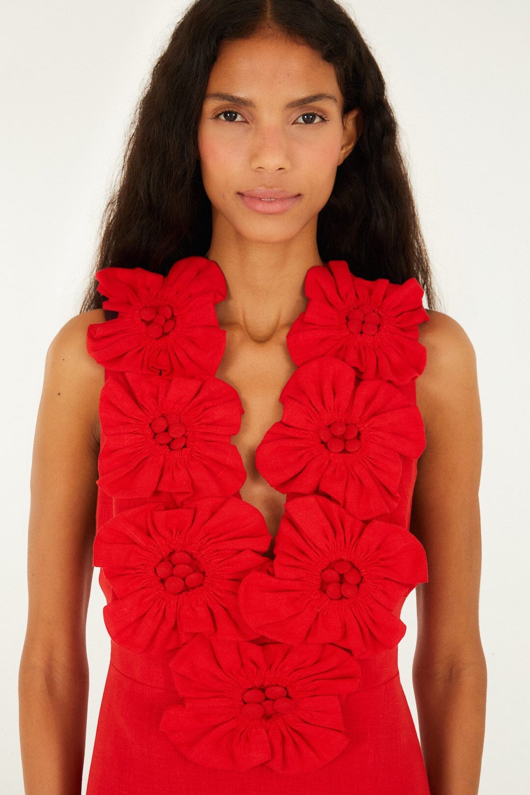 FARM Rio Shop Red 3d Flower Euroflax Premium Linen Maxi Dress