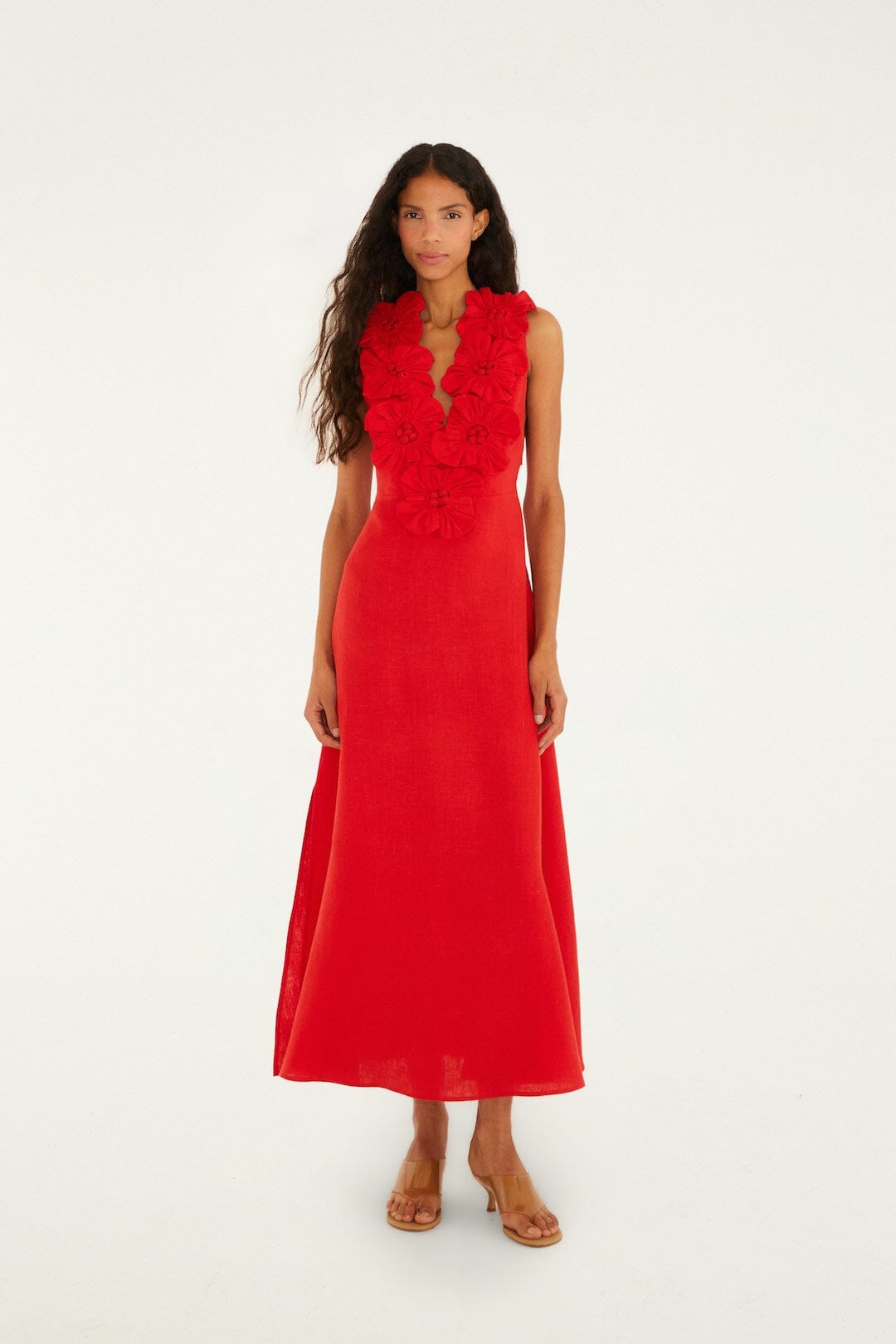 FARM Rio Shop Red 3d Flower Euroflax Premium Linen Maxi Dress