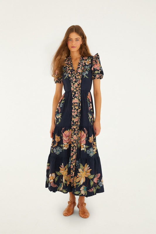 FARM Rio Shop Dark Blue Maira Floral Short Sleeve Maxi Dress