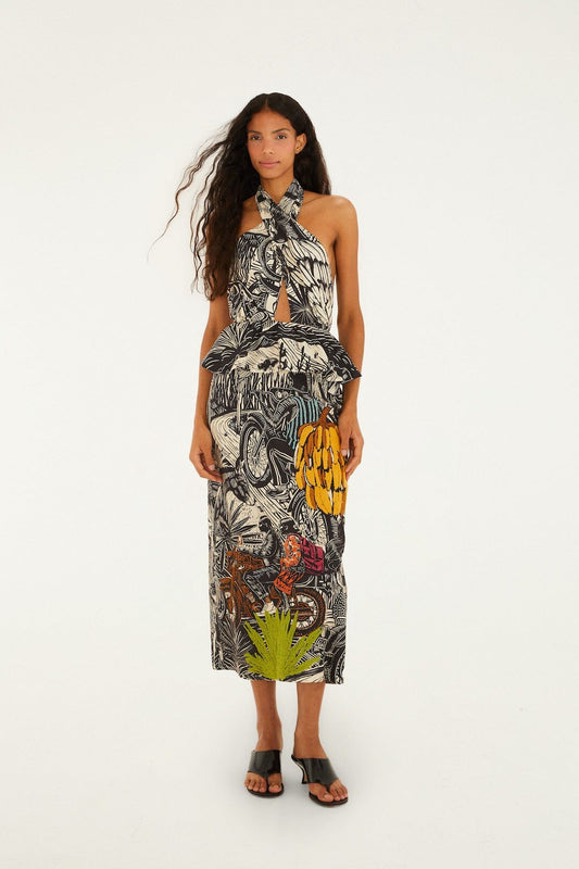 FARM Rio Shop Ruta Beige Embroidered Lenzing Ecovero Euroflax Maxi Dress