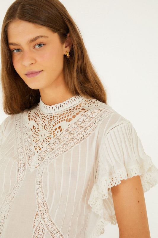 FARM Rio Shop Off-White Organic Cotton Blouse With Appliqués