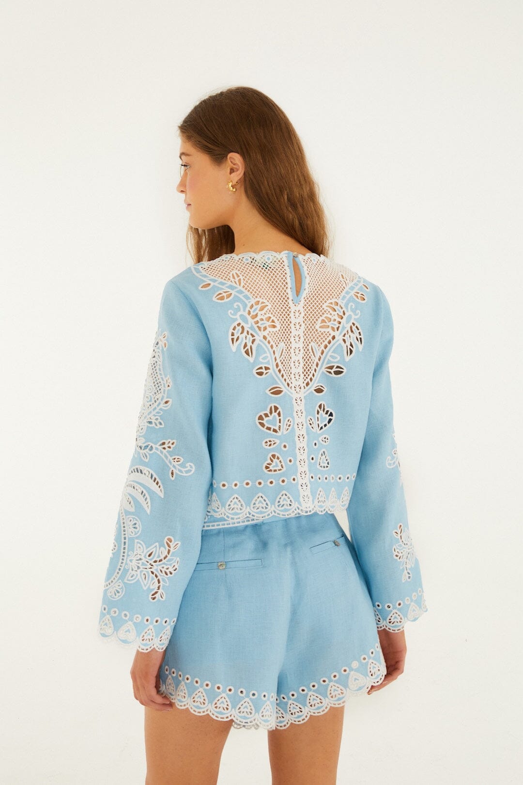 FARM Rio Shop Light Blue Romantic Richelieu Euroflax Premium Linen Blouse