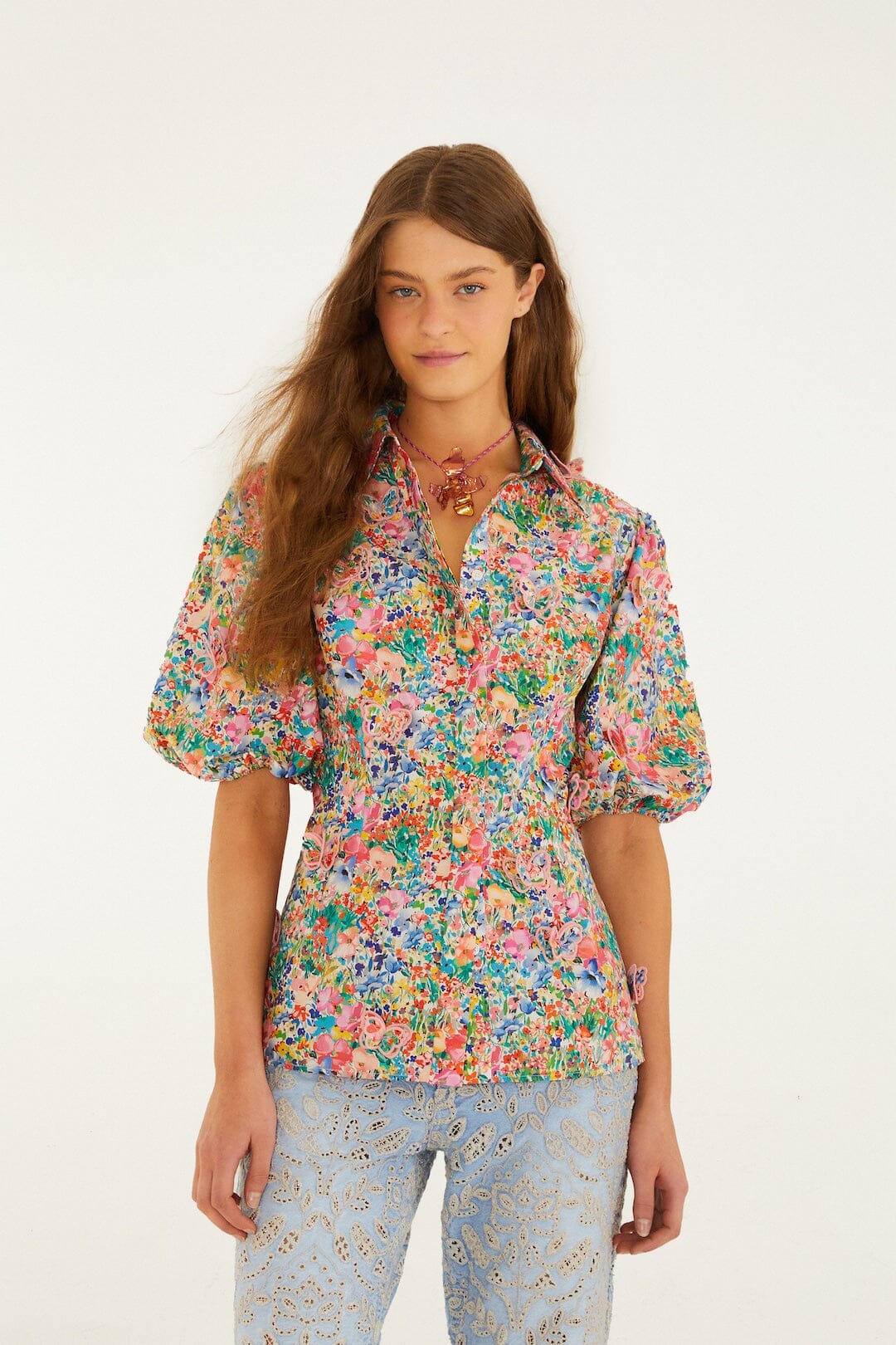 FARM Rio Shop Off-White Peasant Floral Butterflies Organic Cotton Blouse