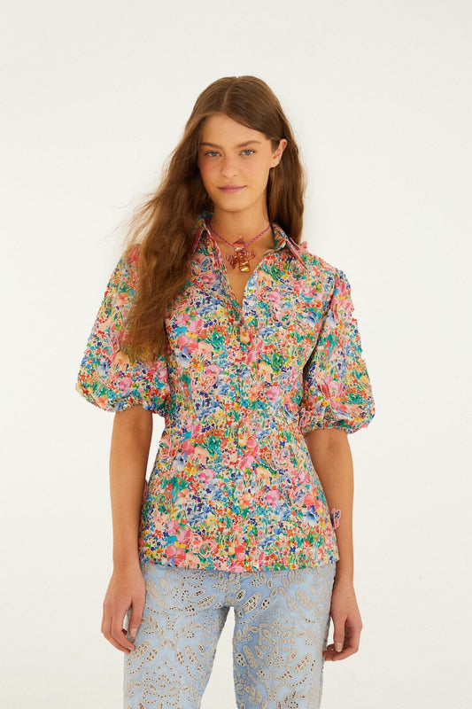 FARM Rio Shop Off-White Peasant Floral Butterflies Organic Cotton Blouse