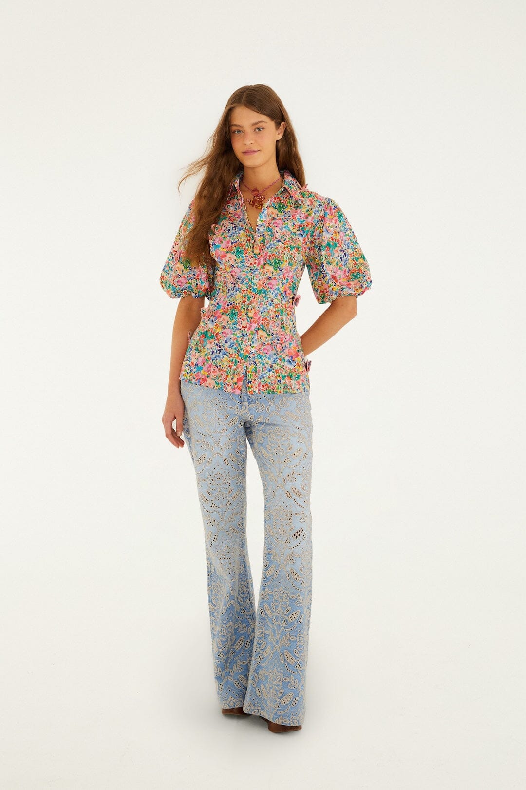 FARM Rio Shop Off-White Peasant Floral Butterflies Organic Cotton Blouse