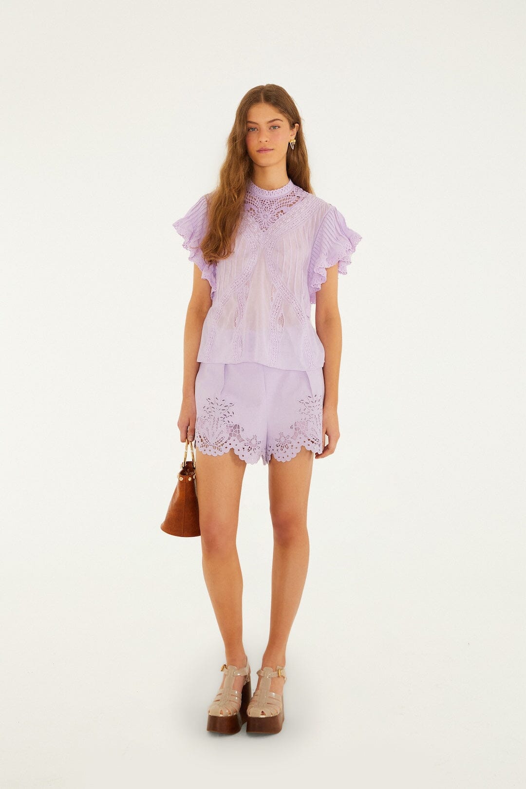 FARM Rio Shop Lilac Lace Ruffled Organic Cotton Blouse