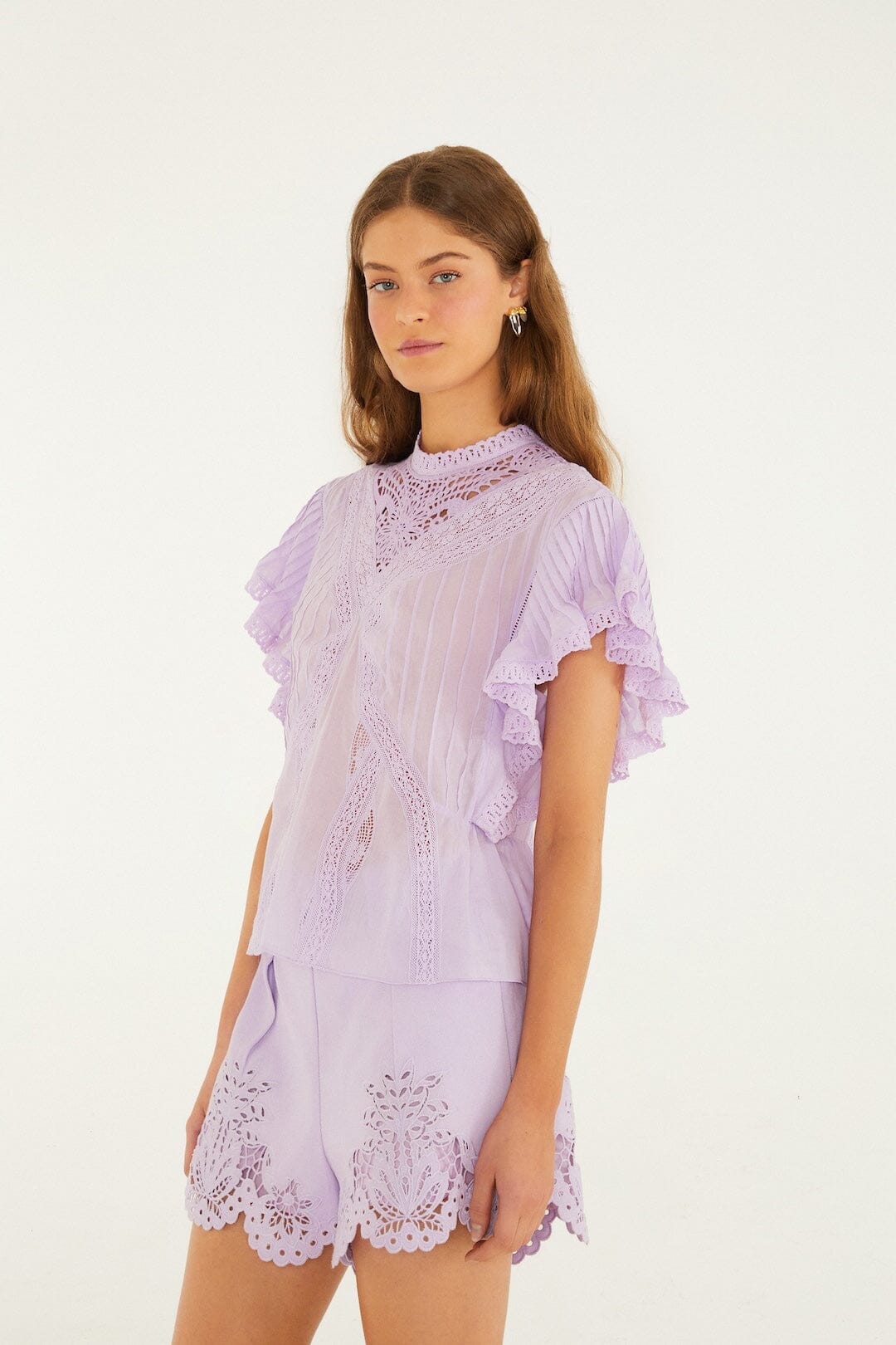 FARM Rio Shop Lilac Lace Ruffled Organic Cotton Blouse