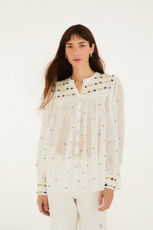 FARM Rio Shop Off-White Embroidered Beads Organic Cotton Long Sleeve Blouse