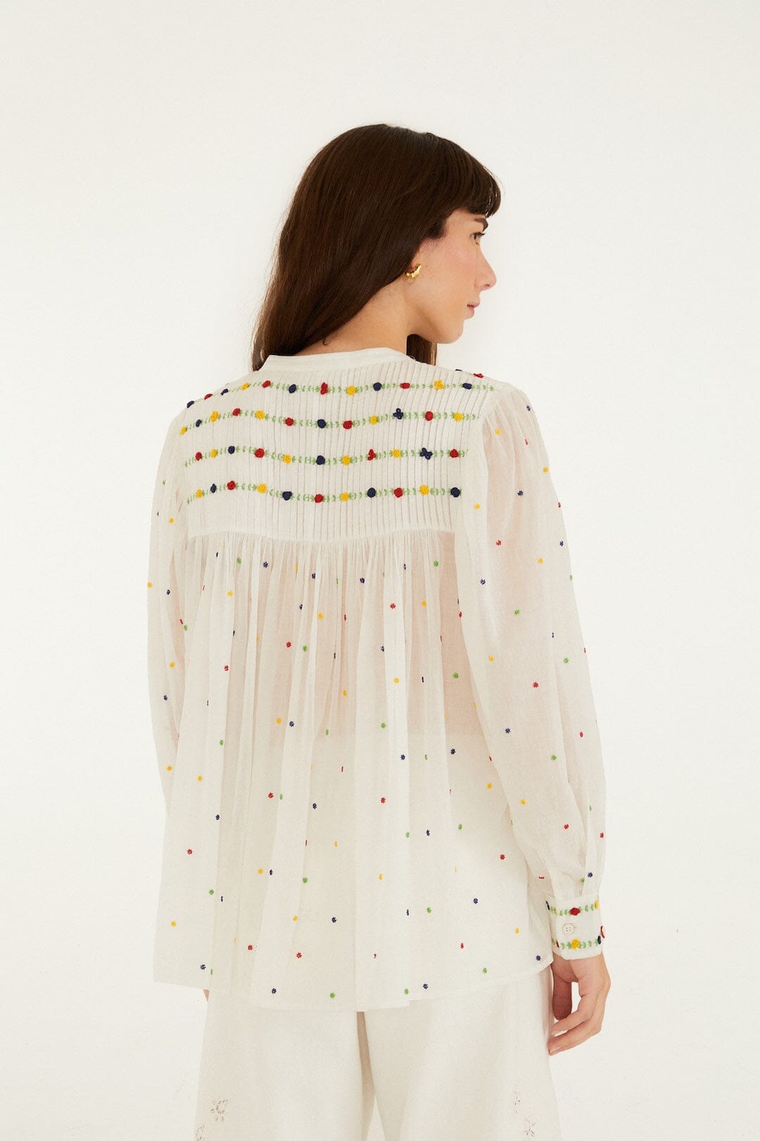 FARM Rio Shop Off-White Embroidered Beads Organic Cotton Long Sleeve Blouse