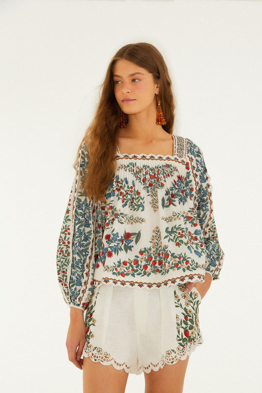 FARM Rio Shop Off-White Fruit Beauty Scarf Organic Cotton Long Sleeve Blouse