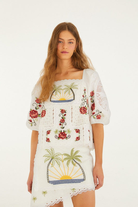 FARM Rio Shop Off-White Tropi Scarf Embroidered Organic Cotton Blouse