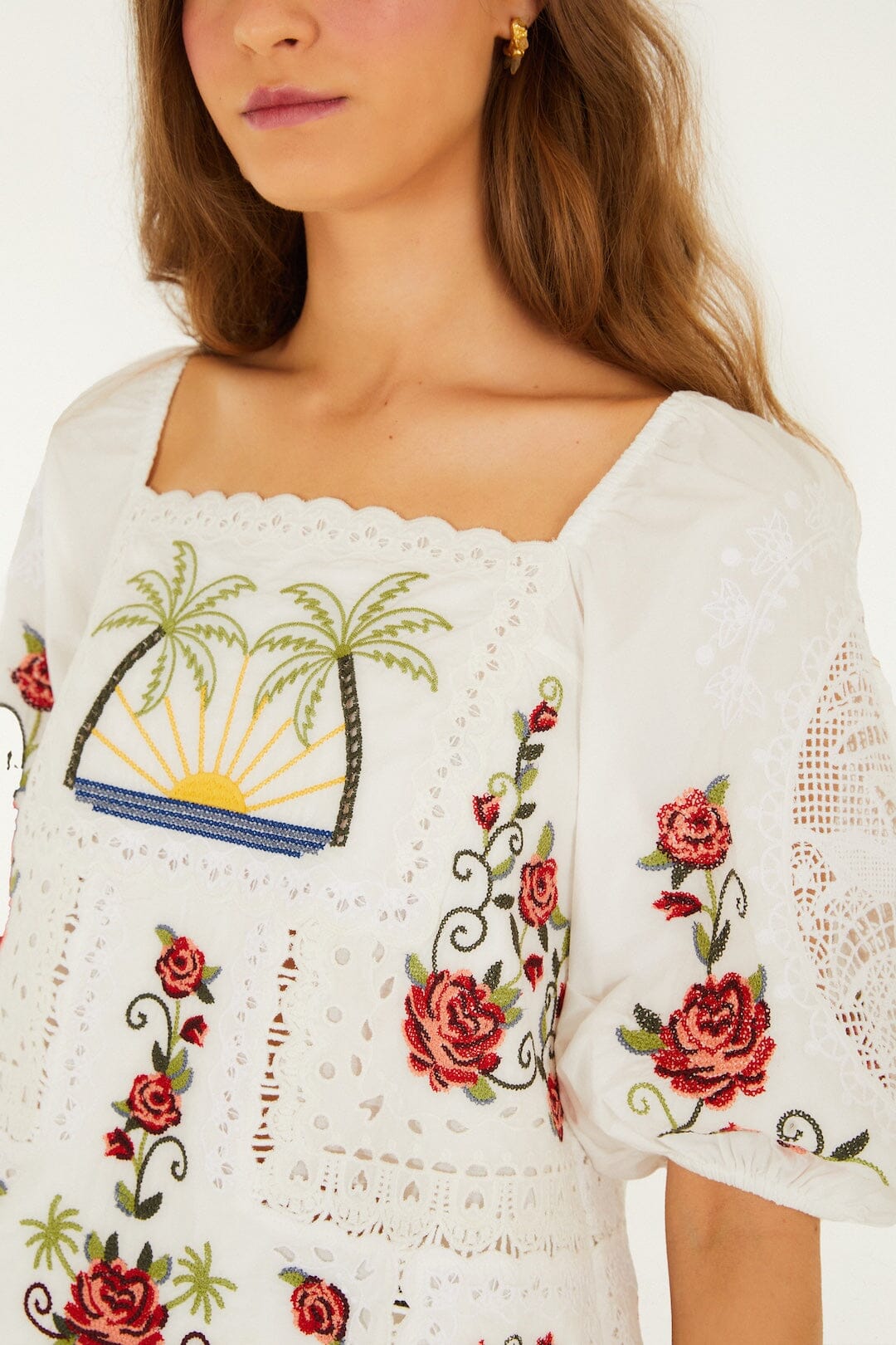 FARM Rio Shop Off-White Tropi Scarf Embroidered Organic Cotton Blouse