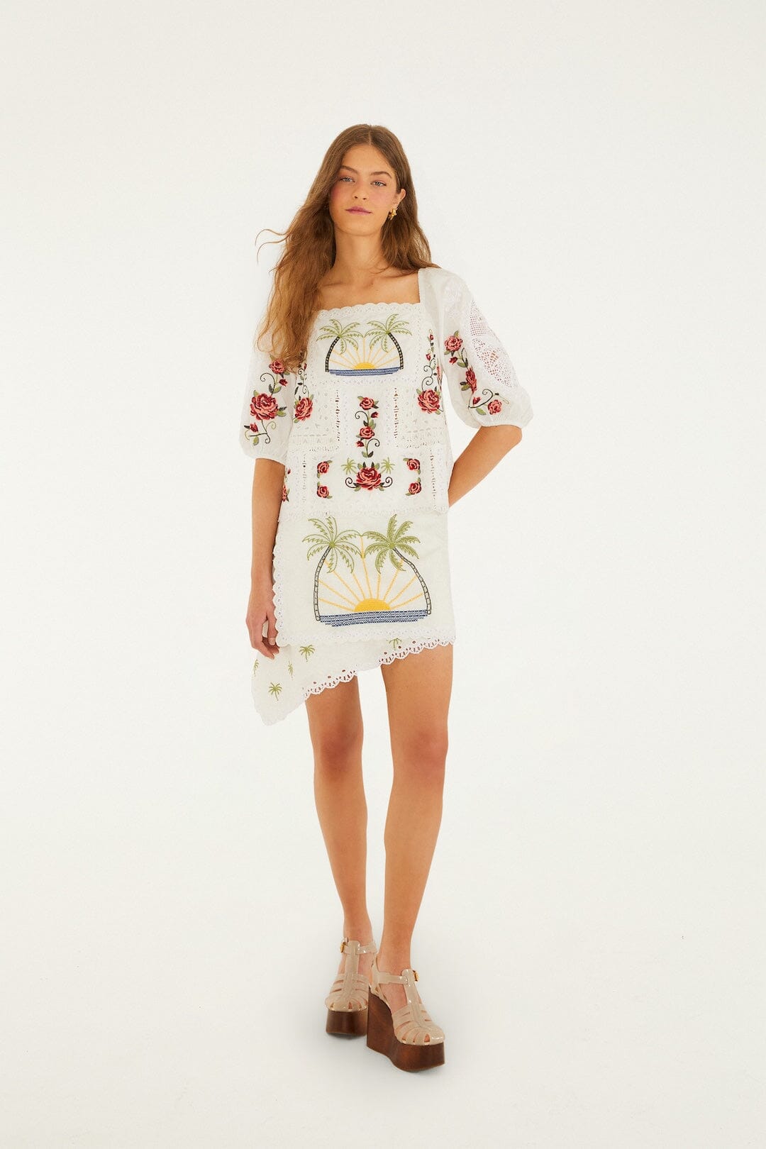 FARM Rio Shop Off-White Tropi Scarf Embroidered Organic Cotton Blouse
