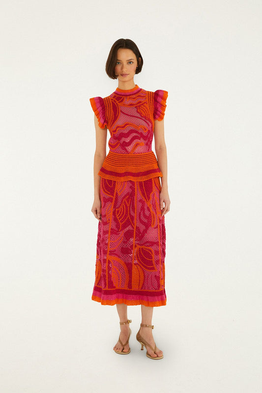 FARM Rio Shop Pink And Orange Seashell Crochet Midi Skirt