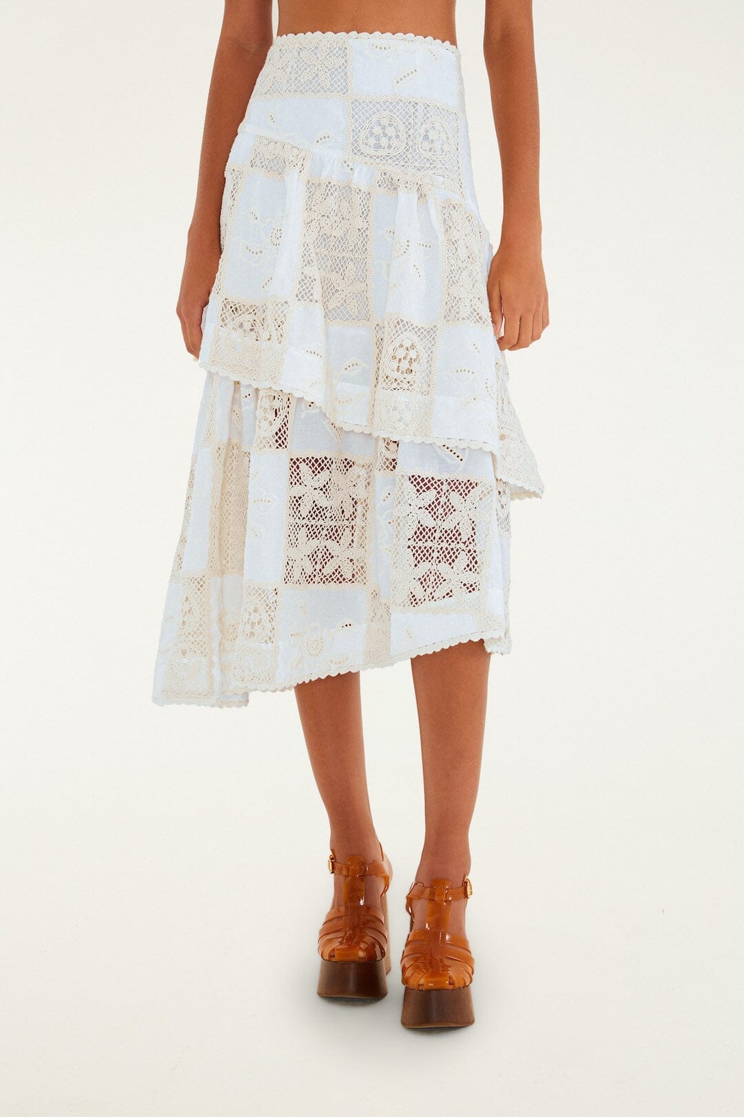 FARM Rio Shop Off-White Scarf Eyelet Layered Maxi Skirt