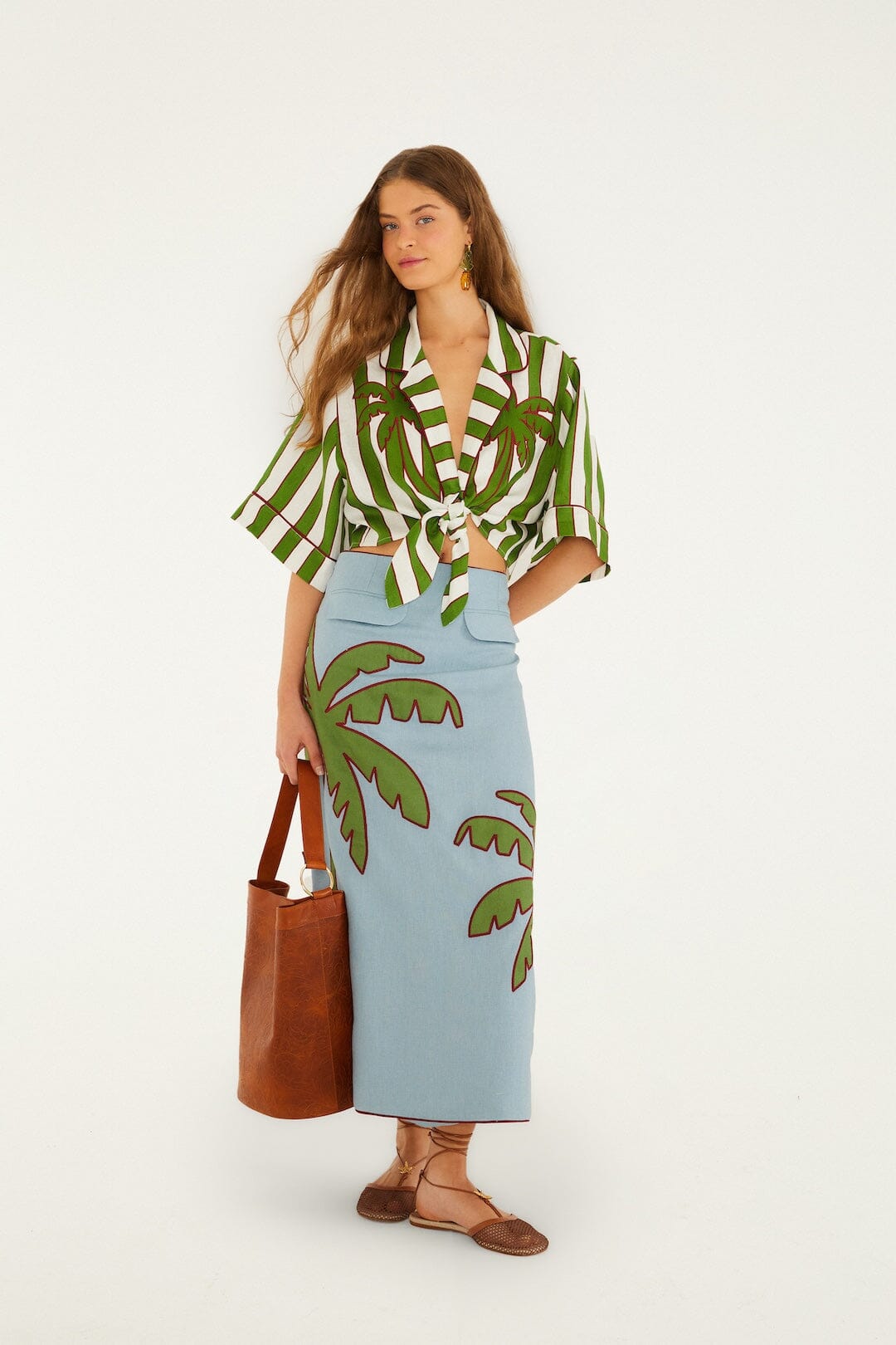 FARM Rio Shop Blue Embroidered Palm Tree Euroflax Premium Linen Maxi Skirt