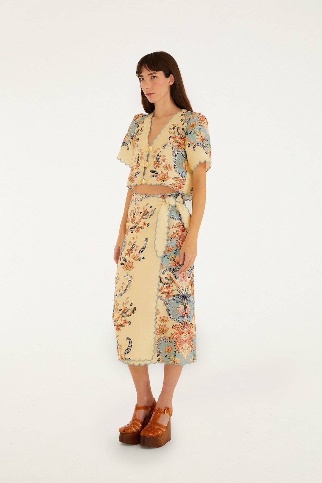 FARM Rio Shop Butter Yellow Boho Beauty Euroflax Premium Linen Midi Skirt
