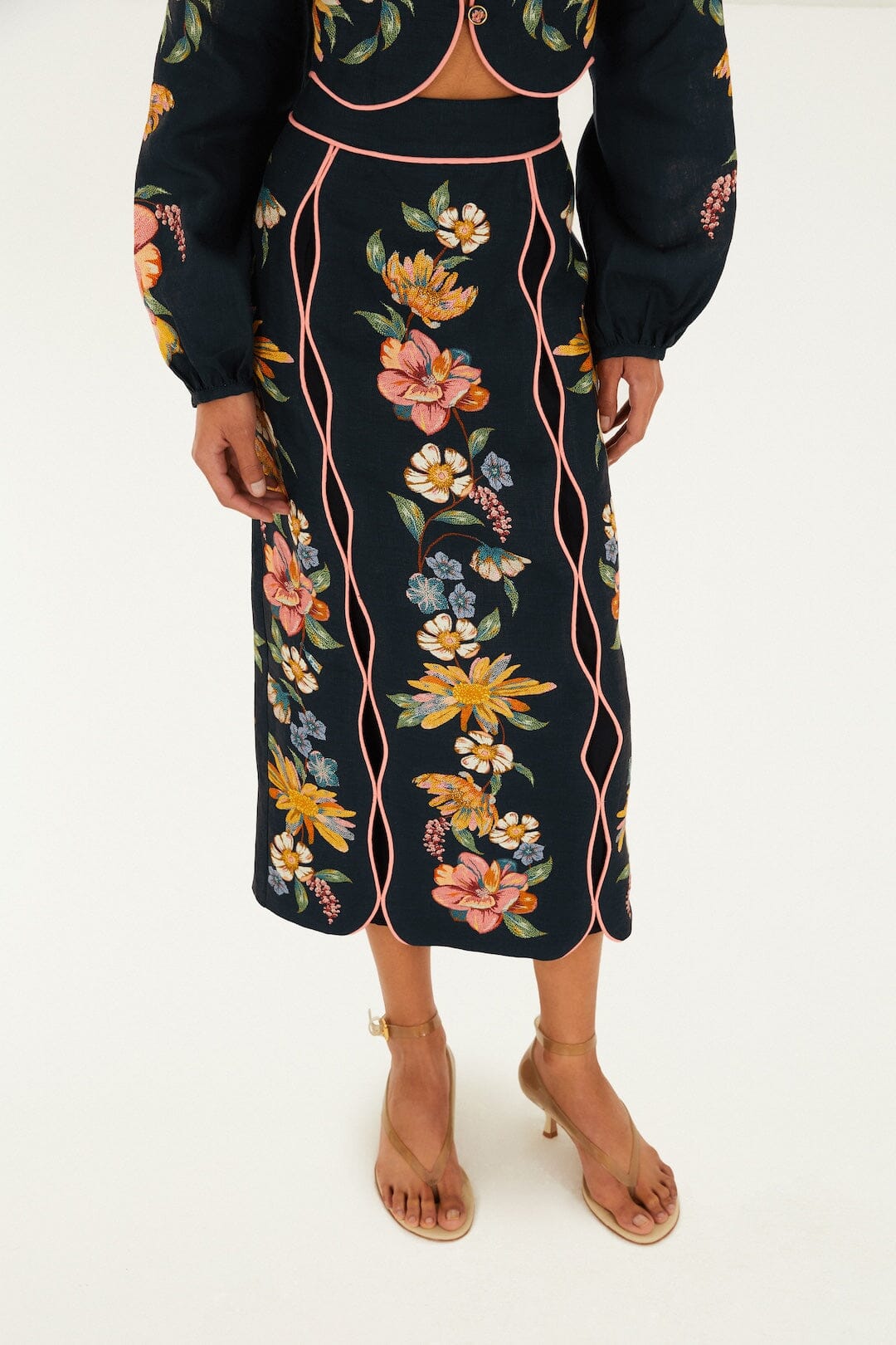 FARM Rio Shop Dark Blue Maira Floral Euroflax Premium Linen Midi Skirt
