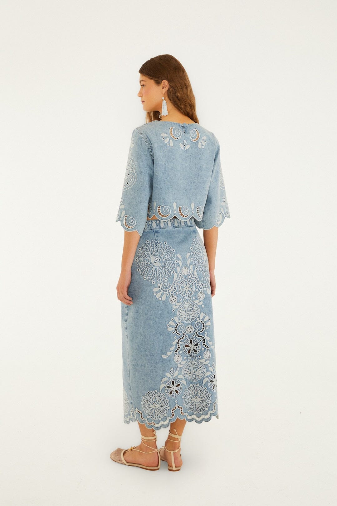 FARM Rio Shop Denim Richelieu Wavy Hem Midi Skirt