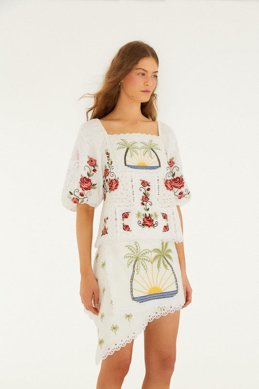 FARM Rio Shop Off-White Tropi Scarf Embroidered Euroflax Premium Linen Mini Skirt