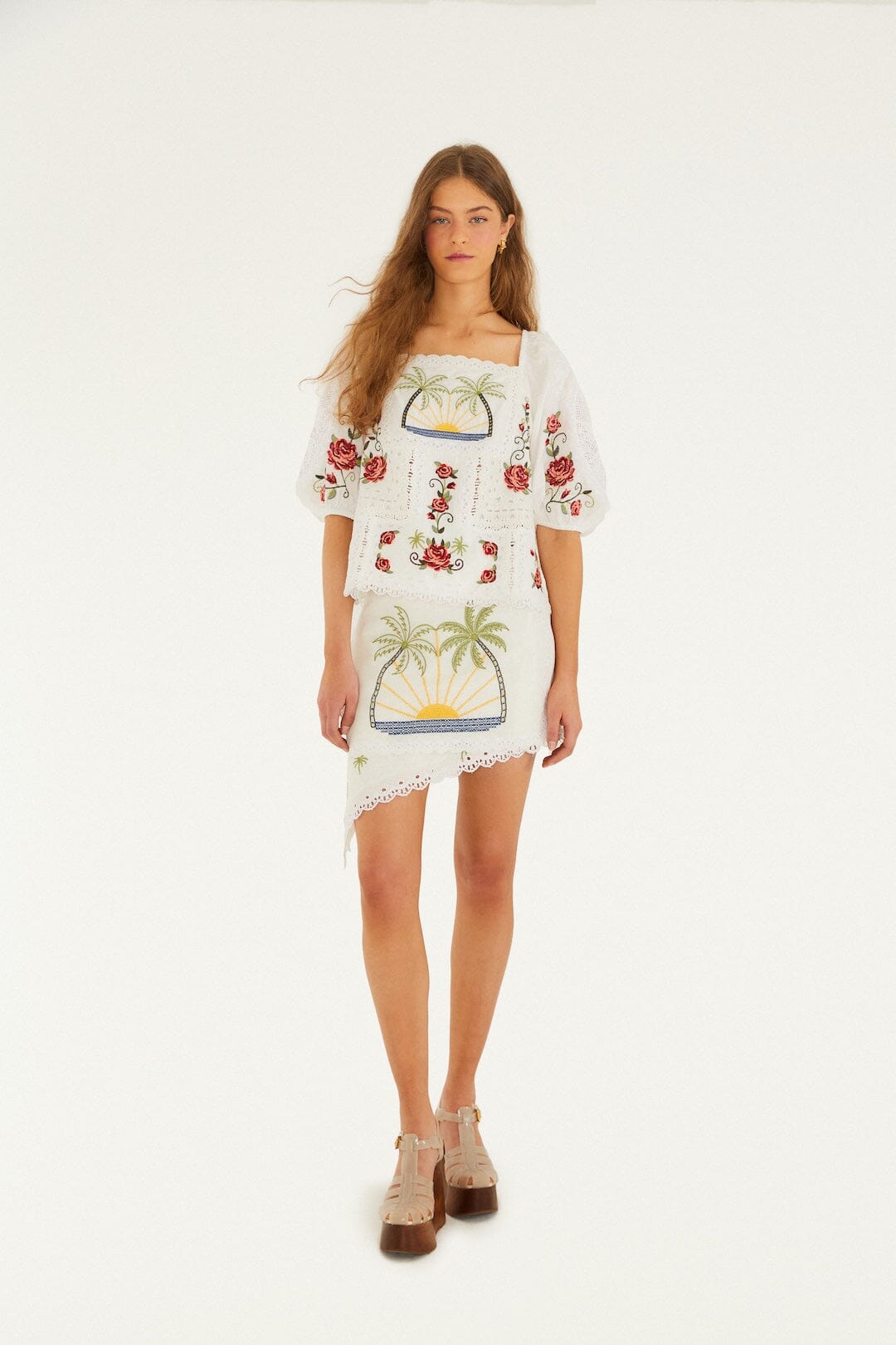 FARM Rio Shop Off-White Tropi Scarf Embroidered Euroflax Premium Linen Mini Skirt