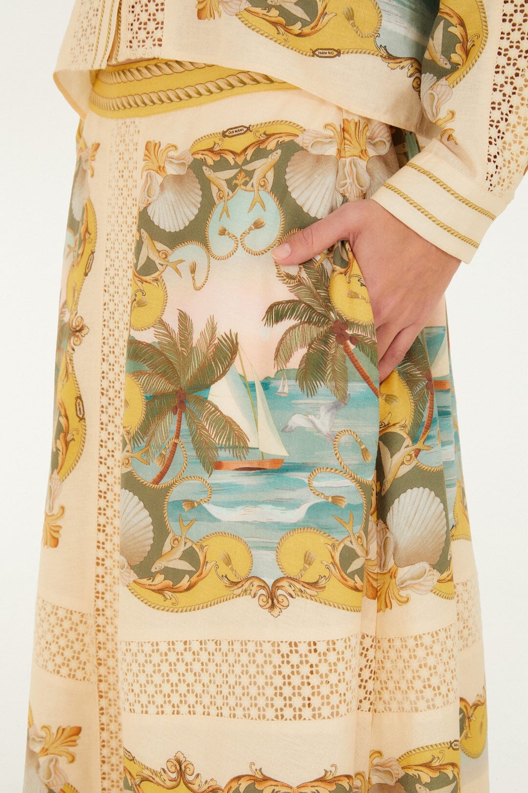 FARM Rio Shop Sand Royal Sea Crochet Lenzing Ecovero Euroflax Midi Skirt