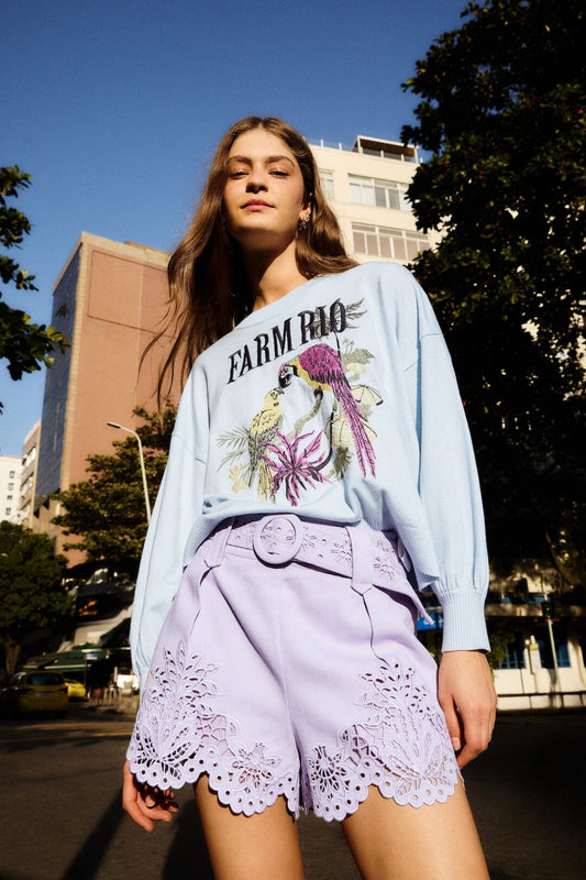 FARM Rio Shop Lilac Geometric Richelieu Twill Belted Shorts