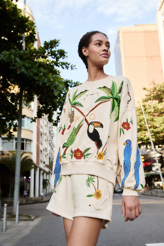FARM Rio Shop Off-White Coconut Trees Come To Rio Embroidered Shorts