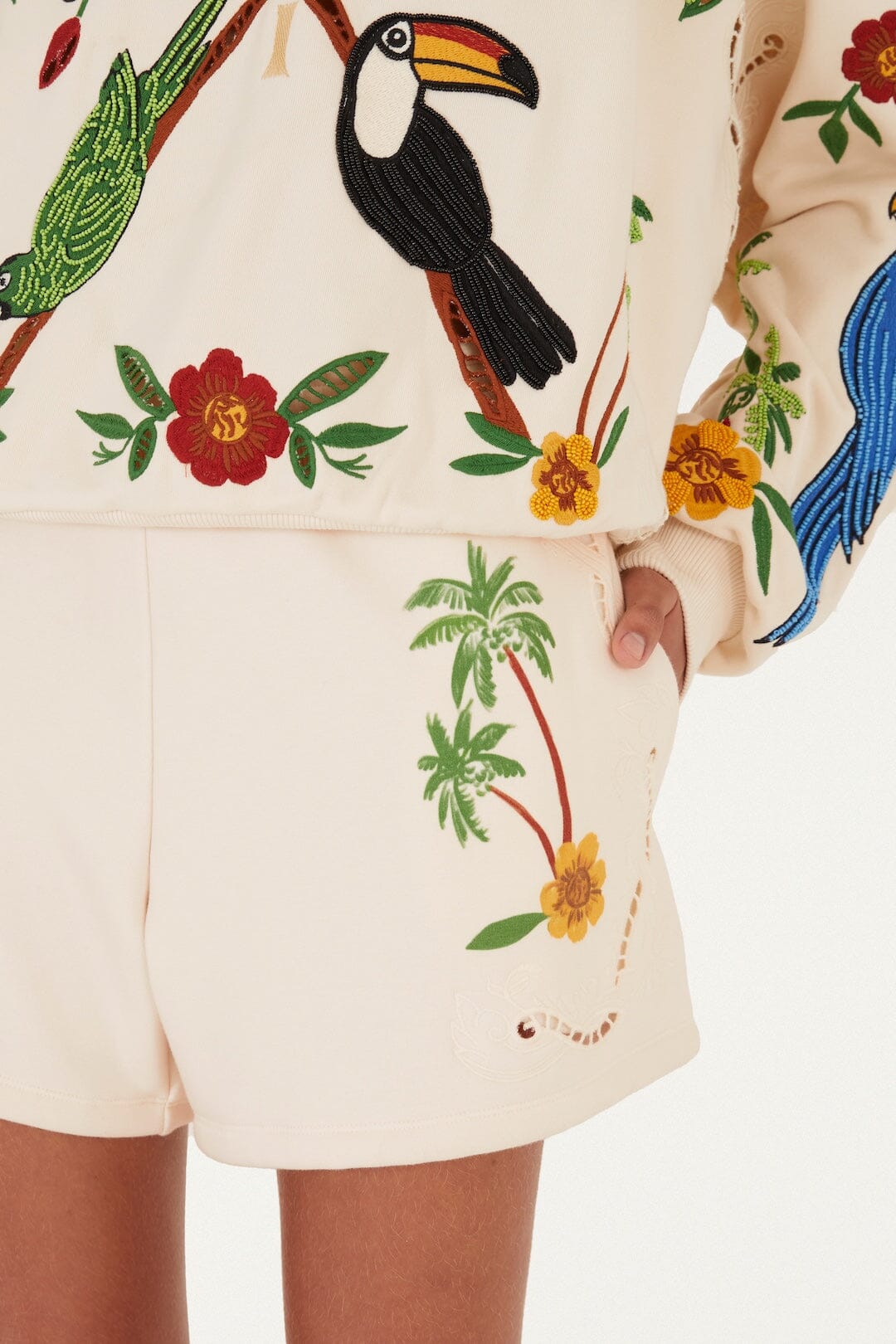 FARM Rio Shop Off-White Coconut Trees Come To Rio Embroidered Shorts