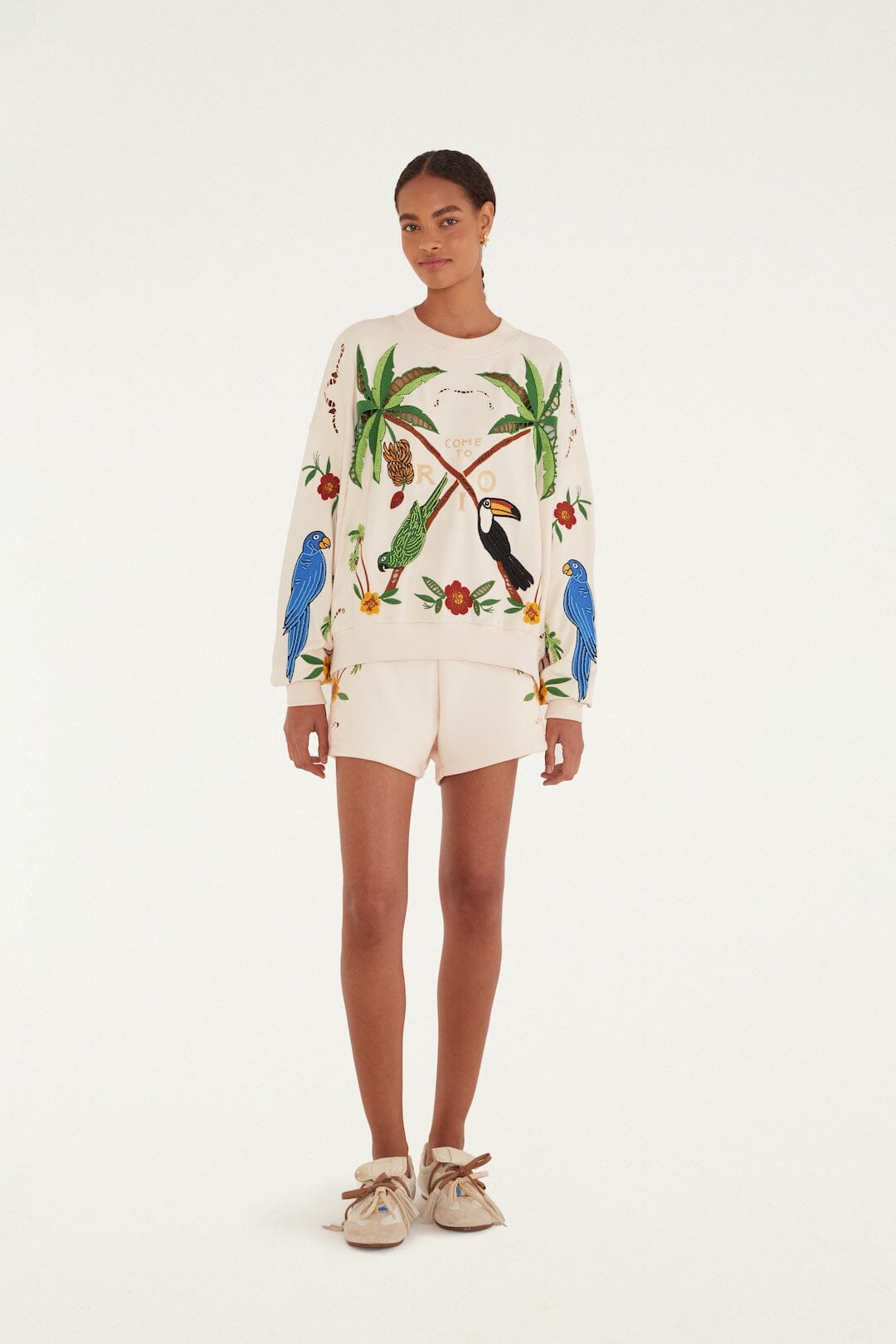 FARM Rio Shop Off-White Coconut Trees Come To Rio Embroidered Shorts
