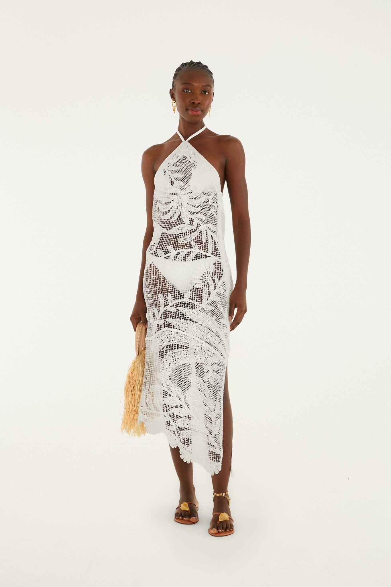 FARM Rio Shop White Crochet Halter Neck Sheer Midi Dress