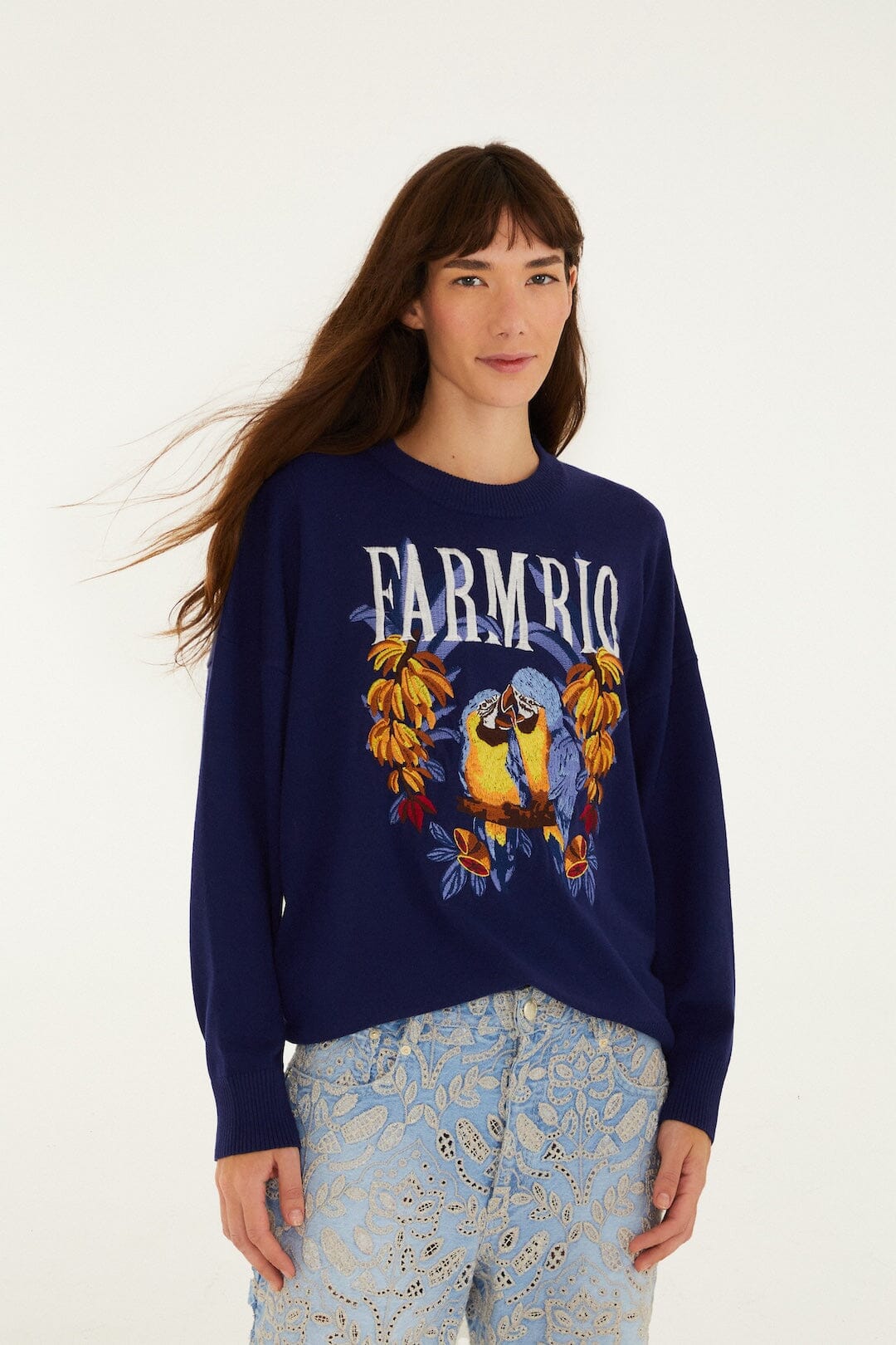 FARM Rio Shop Dark Blue Love Birds Embroidered Sweater