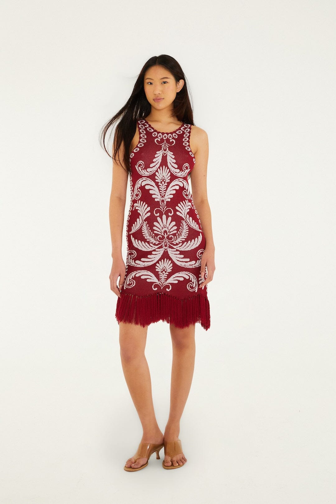 FARM Rio Shop Burgundy Garden Tapestry Fringe Knit Dress